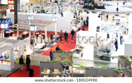 Trade show panoramic view background, intentionally blurred post production