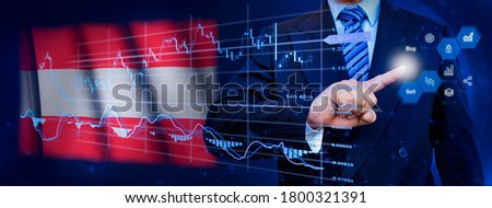 Businessman touching data analytics process system with KPI financial charts, dashboard of stock and marketing on virtual interface. With Austria flag in background.
