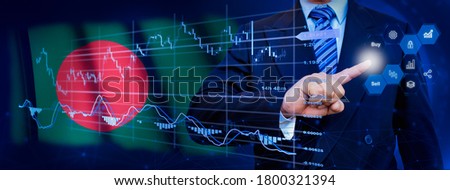 Businessman touching data analytics process system with KPI financial charts, dashboard of stock and marketing on virtual interface. With Bangladesh flag in background.