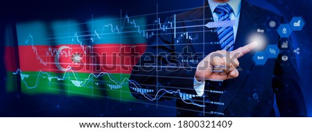 Businessman touching data analytics process system with KPI financial charts, dashboard of stock and marketing on virtual interface. With Azerbaijan flag in background.