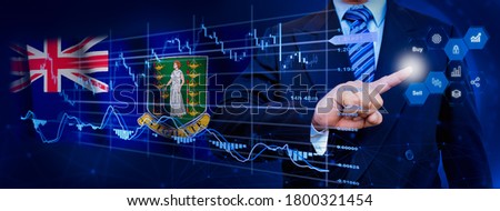 Businessman touching data analytics process system with KPI financial charts, dashboard of stock and marketing on virtual interface. With British Virgin Islands flag in background.