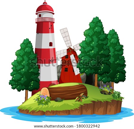 Scene with lighthouse and windmill on white background illustration