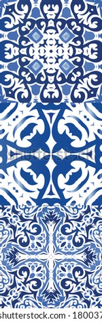 Ornamental azulejo portugal tiles decor. Bathroom design. Kit of vector seamless patterns. Blue gorgeous flower folk prints for linens, smartphone cases, scrapbooking, bags or T-shirts.