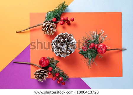 New Year and Christmas decor on multi-colored paper. Modern creative style. Top view. Flat lay.