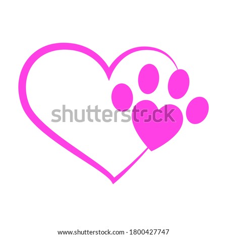 Pink paw print on outlined pink heart shape icon on white background. Pictogram, icon set illustration. Useful for website design, banner, print media, mobile apps and social media posts.
