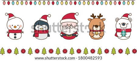 Set of cute Christmas characters and decorative border elements on white background. Santa Claus, reindeer,  snowman, penguin, and polar bear. Isolated vector illustrations.