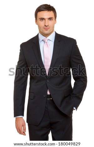 Portrait of successful businessman. Man in suit and tie. Isolated on white