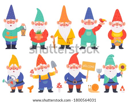 Gnome characters. Cute gnomes with beard funny garden decoration, adorable dwarfs with lantern, watering can and flowers cartoon vector set. Character with shovel with mushrooms, pot with plant Royalty-Free Stock Photo #1800564031