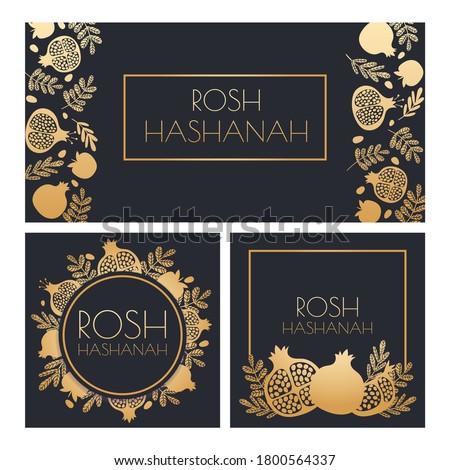 Jewish New Year. Happy Shana Tova, Rosh Hashanah holiday symbols and pomegranate greeting posters vector template. Golden fruit and plant leaves on dark invitation cards set, floral wreath Royalty-Free Stock Photo #1800564337