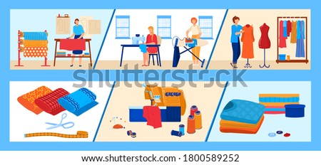 Textile industry vector illustration set. Cartoon flat professional dressmaker seamstress woman characters working, dressmaking, modeling and sewing dresses in workshop, tailor profession background