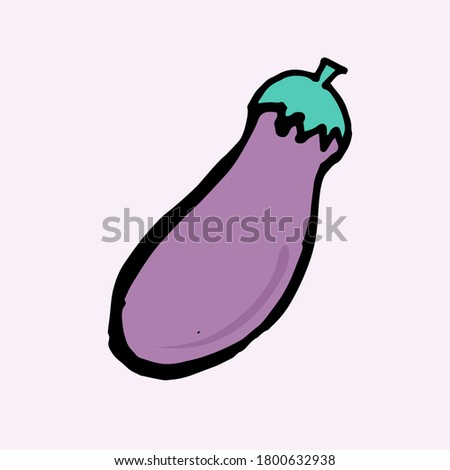 thin black outline eggplant vector illustration isolated on purple background. hand drawn vector. doodle fruit and vegetable for kids, cover, wallpaper, sticker, clipart, poster, banner, advertisement