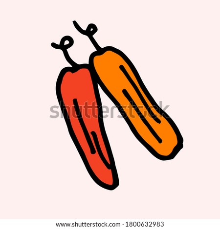 thin black outline  red and orange chilli pepper isolated on pink background. hand drawn vector. doodle fruit and vegetable for kids, wallpaper, sticker, clipart, cover, poster, banner, advertisement.