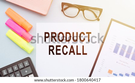 Word writing text Product Recall. Business concept for Request by a company to return the product due to some issue. Paper sheets, markers, sticky notes pad blue background.