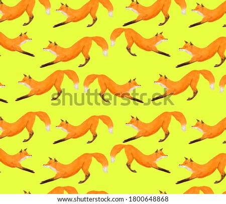 Pattern cute red Fox on a yellow background, autumn.