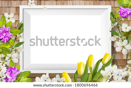 Beautiful frame with branches of lush Rhododendron flowers, white cherry 
and yellow tulips. Asian card for relax and meditation. Decorative elements for yor design