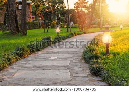 Paved stone path in the park among the green lawn and trees. Street lamps lit at sunset. Batumi, Georgia.  Photo with soft selective focus