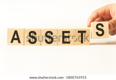 Word assets. Wooden small cubes with letters isolated on white background with copy space available. Business Concept image.