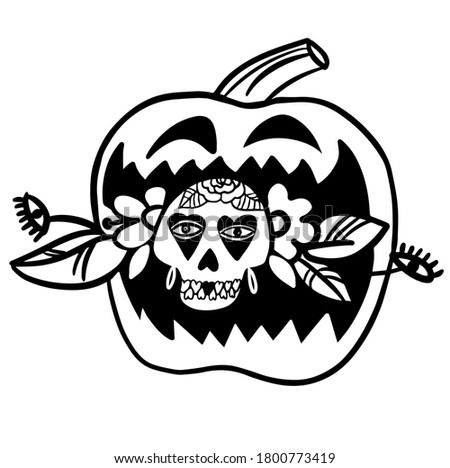 Halloween, Pumpkin decorated with a skull and flowers. Mexican sugar skull. Day of the dead. Dia de los muertos. Floral Decorated skull. Vector illustration. Doodle element for logo, label, emblem