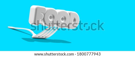 Fork on a blue background with the word FOOD. Forks for the design of a restaurant, cafe, pizzeria. Minimalistic kitchen fork design for advertising purposes. 3D illustration, 3D rendering.