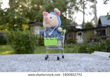 Funny toy pig sitting in a shopping cart