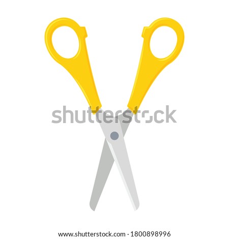 Open scissors with yellow plastic handles. Stationery and tools collection. Flat style icon. Vector illustration isolated on white background 