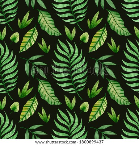 Watercolor seamless pattern of tropical leaves on a black background.