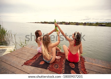 Young attractive girls in bikini making toast on the shore of the lake on a sunny weather