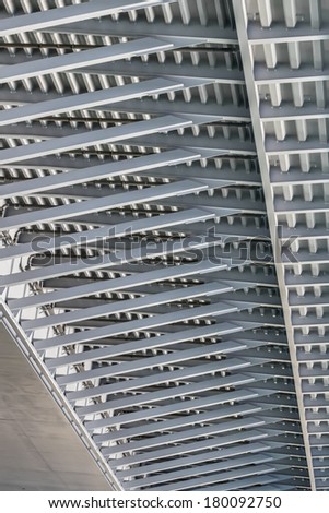 Suspension Bridge Over Ada, Belgrade, Republic of Serbia, modular steel girder framework detail, with metal ribs and beams and drain pipe ducts network.