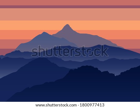 Mountains evening silhouette landscape. Outdoor adventure travel concept. Mountain poster design template. Vector illustration