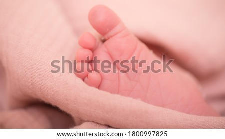 Close up picture of newborn baby feet. Sleeping newborn baby on a light blanket. Close up image.
