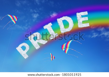 Pride sign made of clouds letters and colorful kite over blue sky with rainbow