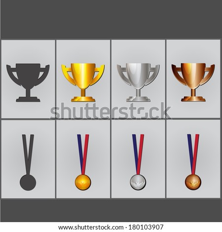Set of medals and trophies consisting of gold, silver and bronze