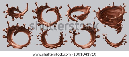 Splash chocolate vector realistic liquid drops, swirl splashes, isolated 3D on transparent background. Milk or dark chocolate splashes, hot chocolate or cocoa syrup circle flow waves and pour drips