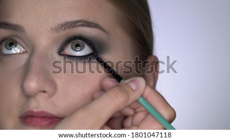 Makeup artist making professional make-up for young woman in beauty studio. Make up Artist makes the makeup smokey eyes of a black shade with special brush of a beautiful model