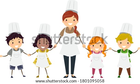 Illustration of Stickman Kids with Teacher Wearing Chef Hat and Apron for Cooking Class