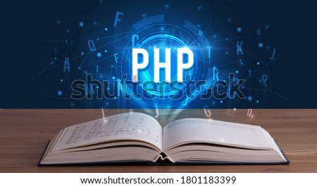 PHP inscription coming out from an open book, digital technology concept