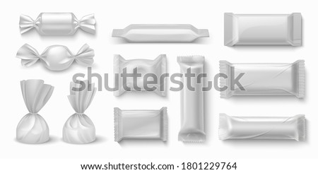 Candies package. Realistic sweet food packaging blank white mockups for branding design. Vector 3D image isolated caramel candies and chocolate bars plastic wrap Royalty-Free Stock Photo #1801229764