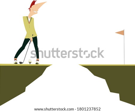 Golfer tries to make a hard kick concept illustration. Young golfer man tries to do a good kick standing on the edge of the of the precipice isolated on white
