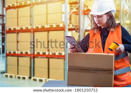 Customs registration. Girl with a scanner in the warehouse. Woman works on customs. Woman uses a barcode scanner. Passage of goods across the border. Customs officer registers postal items. Royalty-Free Stock Photo #1801250752