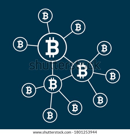 Blockchain structure and Bitcoin icon. Vector outline Illustration and icons.