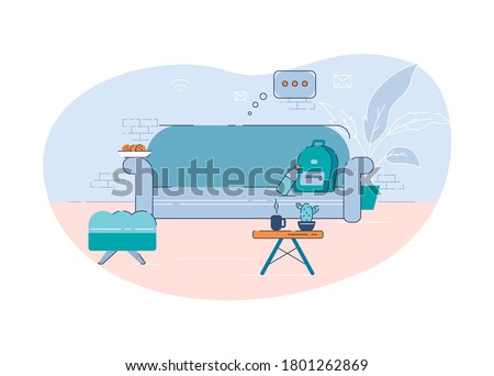 Living room semi flat vector illustration. Home office, freelancer workspace 2D cartoon interior for commercial use. Remote employee, independent worker workspace with cozy couch and coffee table