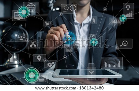 Double exposure of businessman using growing global network and data connections, Technology Process System Business concept, Background toned image blurred.