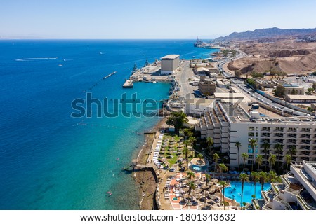 Drone view of  Eilat city and Shoreline  Eilat And coastline, Israel Royalty-Free Stock Photo #1801343632