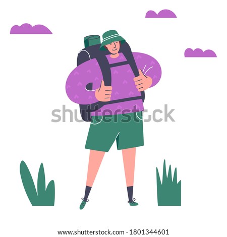 Adventurous man with backpack. Summer vacation, outdoor recreation, adventures in nature. Tourist with backpack looking away. Concept of discovery, walking, trekking, exploration, hiking and travel