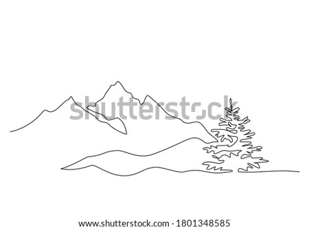 Mountain landscape with fir-tree. Continuous one line drawing. Travels. Minimalistic graphics. Vector illustration black on white