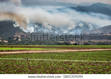 The California "River Fire" in rages through the hills of Salinas, in Monterey County, with agricultural fields seen in the foreground.  Royalty-Free Stock Photo #1801359244