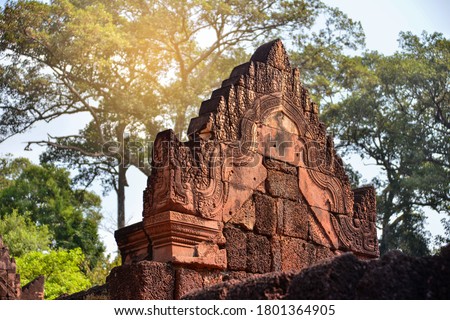Banteay Srey.
The temple is built of pink sandstone.
Pinkish brick shade. Not only the temple Banteay Srey. A miniature 10th century Angkor temple made of pink sandstone and exquisite carvings.