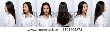 Half Body Portrait of 20s Asian Woman black long straight hair white shirt. Girl turns 360 around rear side back view many poses over white Background isolated
