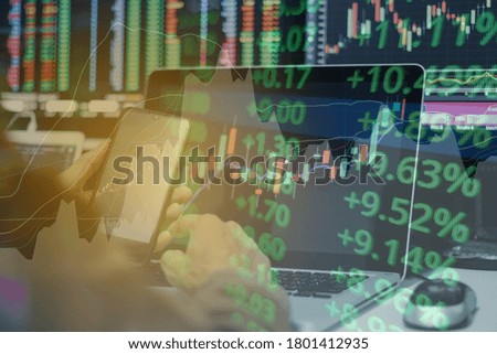 Stock exchange market trading at home. Work at home. Financial and economic concept. Stock market graph on laptop.