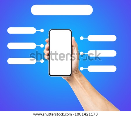Man hand holding black smartphone with blank infographics template. Business technology concept